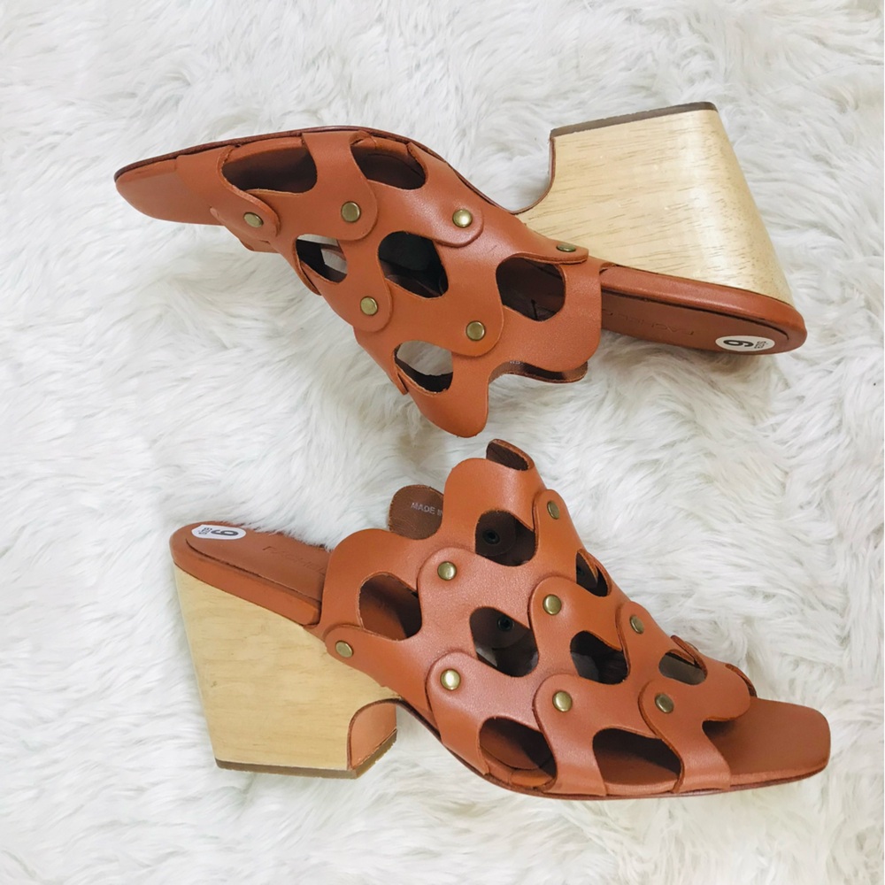 RACHEL COMEY Brown Leather Mule Clog Wedge Sandal Tawny Woven Stud Size 6 - Picture 6 of 13